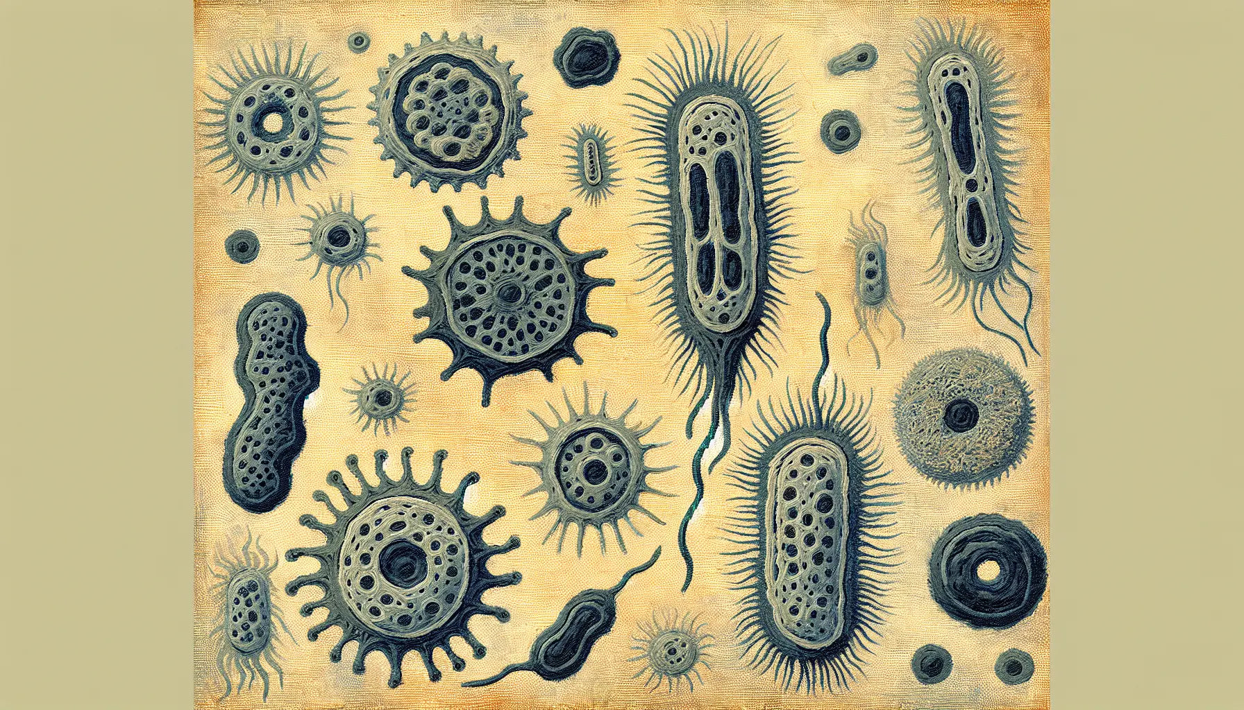 Mittelalterliche stilisierte Darstellung von Algen und Protozoen in grober Ölmalerei