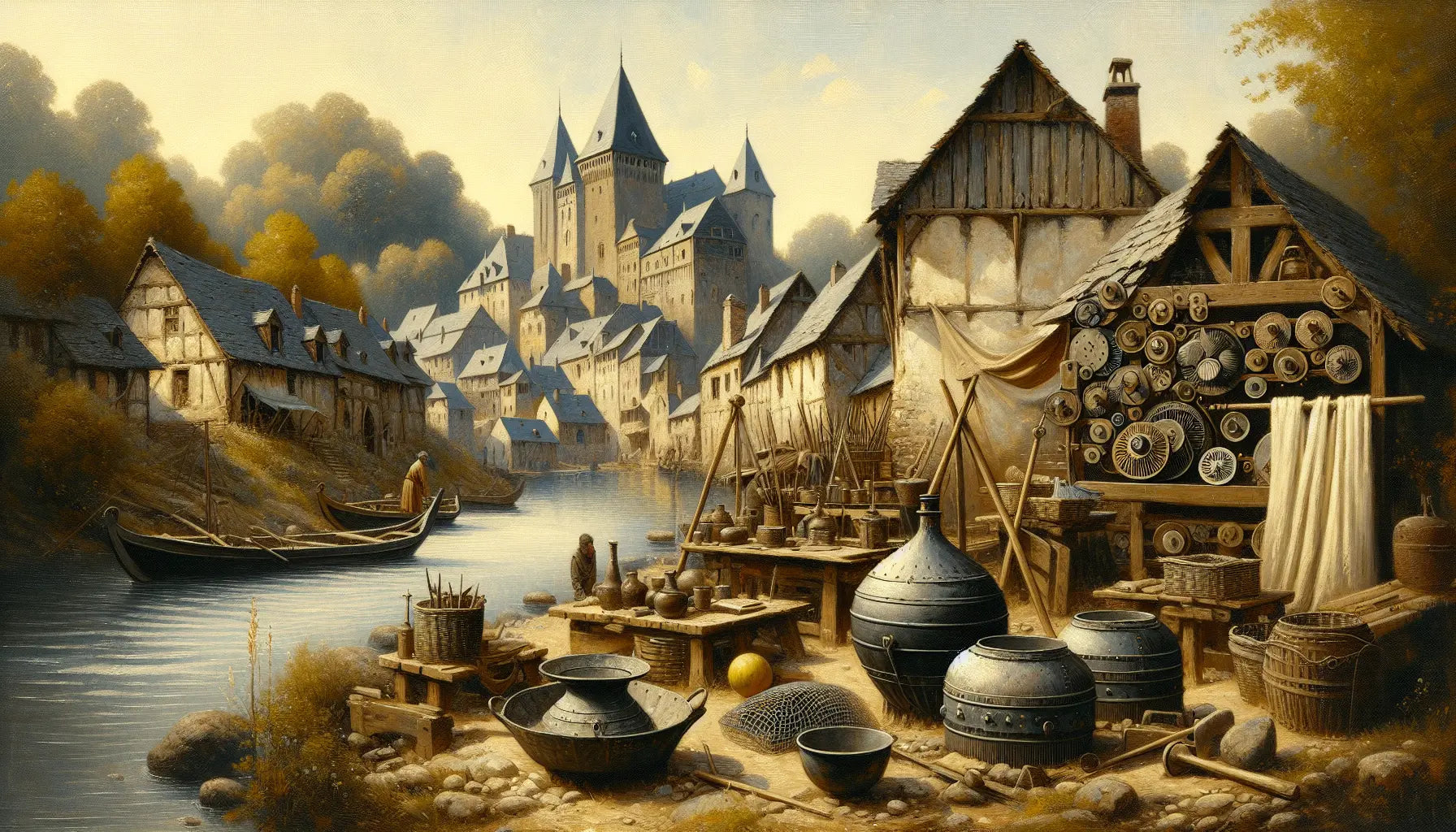 Historisches Dorf am Flussufer mit mittelalterlichen Werkzeugen und Gefäßen als Ölstudie