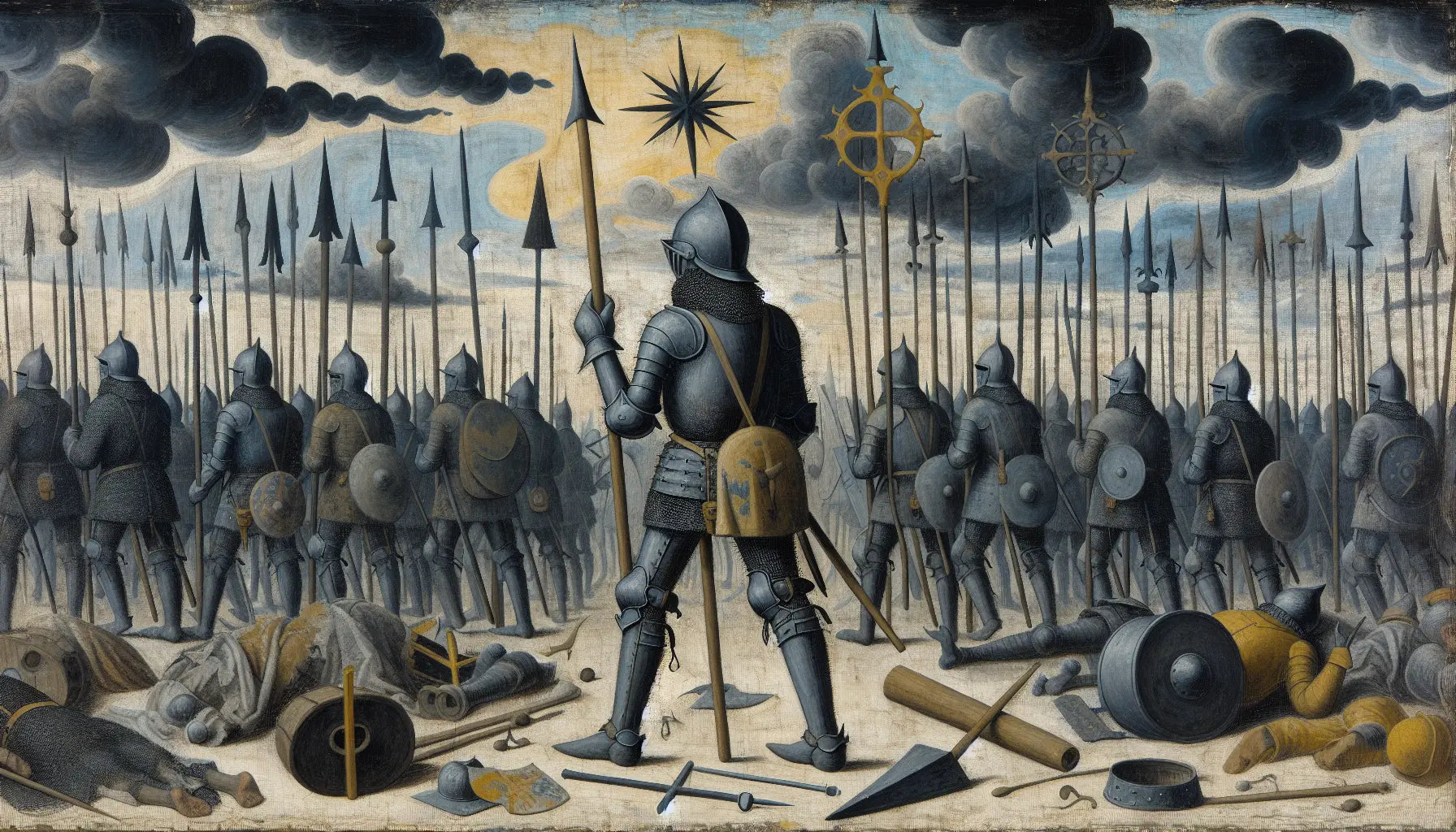 Grobe Ölmalerei mittelalterlicher Waffen und Rüstungsteile auf hellem Grund unter dunklem Himmel