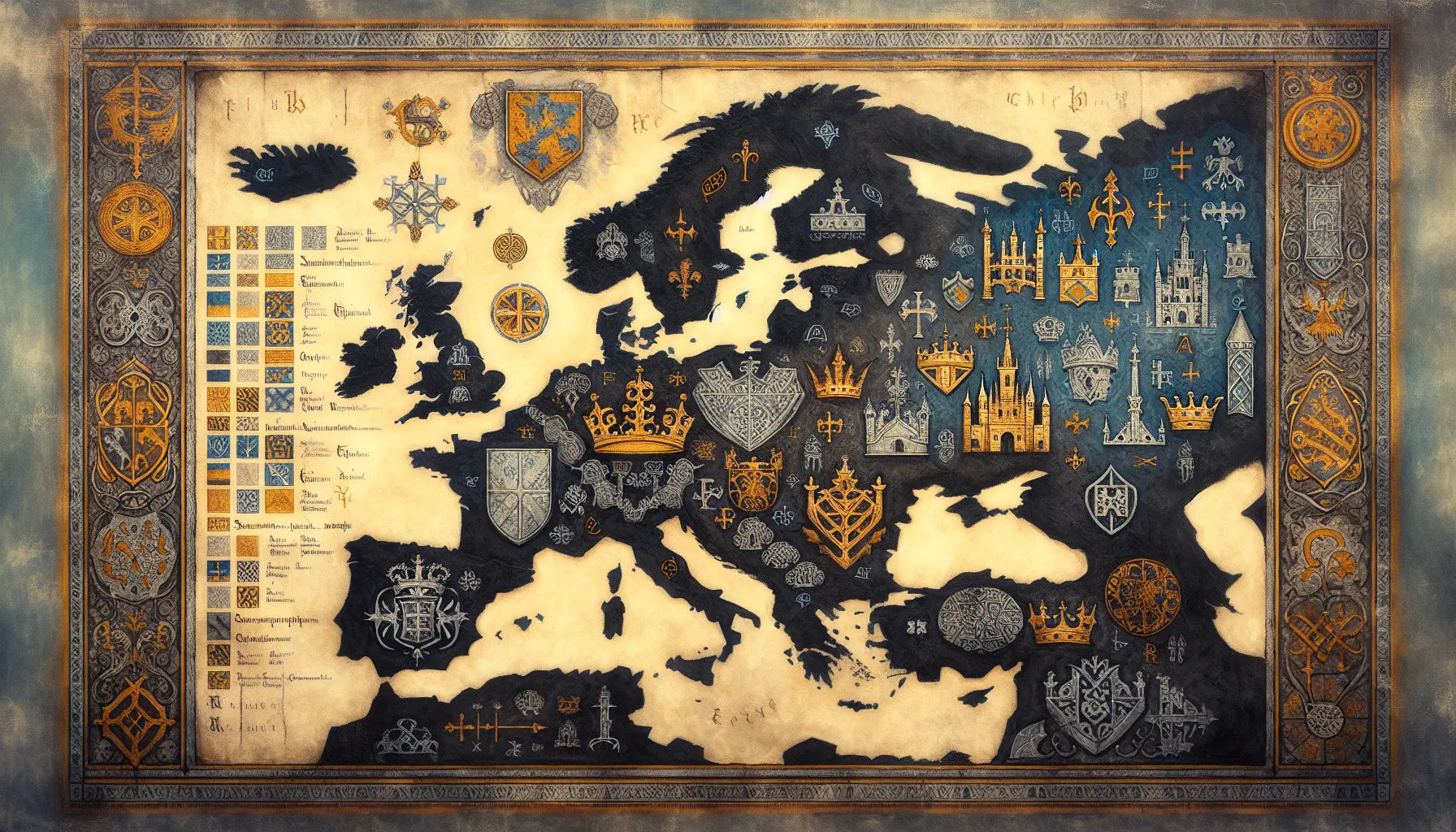 Mittelalterliche Karte Europas sechs Königreiche mit Kronen Burgen und heraldischen Symbolen auf hellem Leinenhintergrund