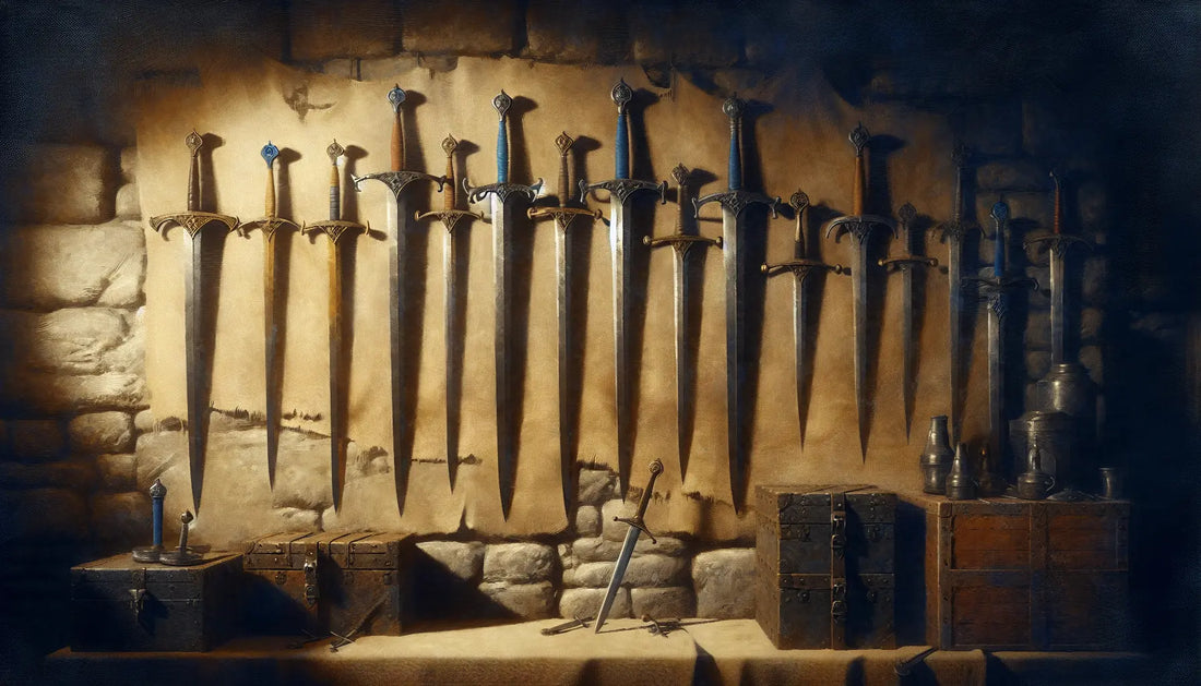 Mehrere mittelalterliche Schwerter hängen vor einer steinernen Wand in Ölmalerei mit blau gelben Details