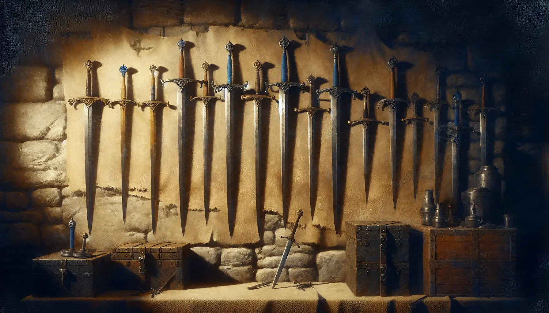 Mehrere mittelalterliche Schwerter hängen vor einer steinernen Wand in Ölmalerei mit blau gelben Details