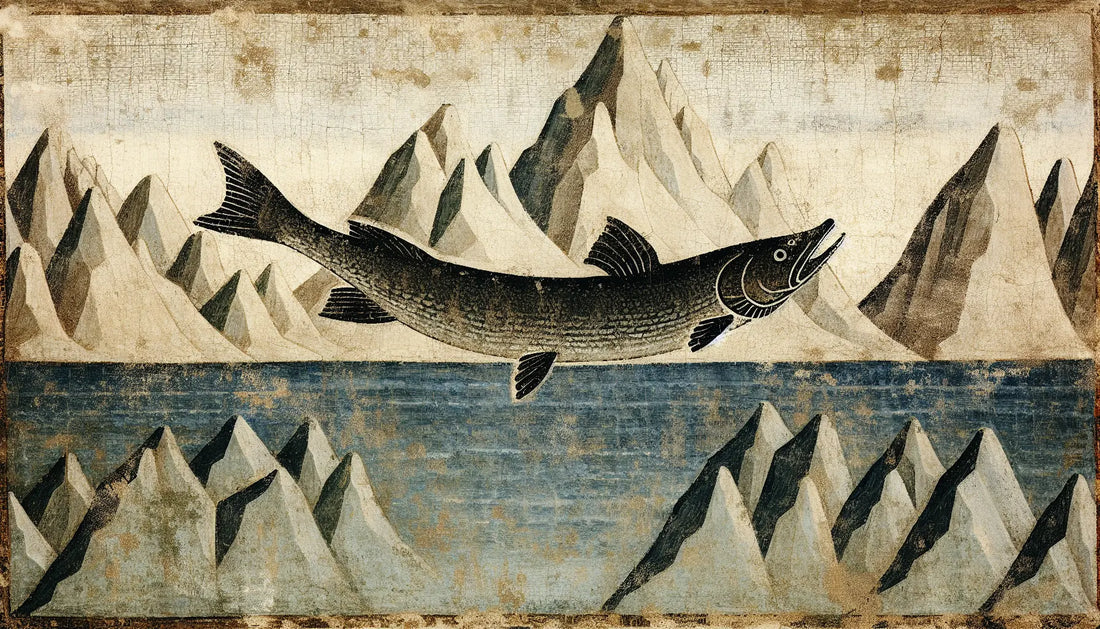 Klarer See mit einzelnem Hecht darunter gemalt in rauen Schwarz und Stahlgrau auf hellem Hintergrund