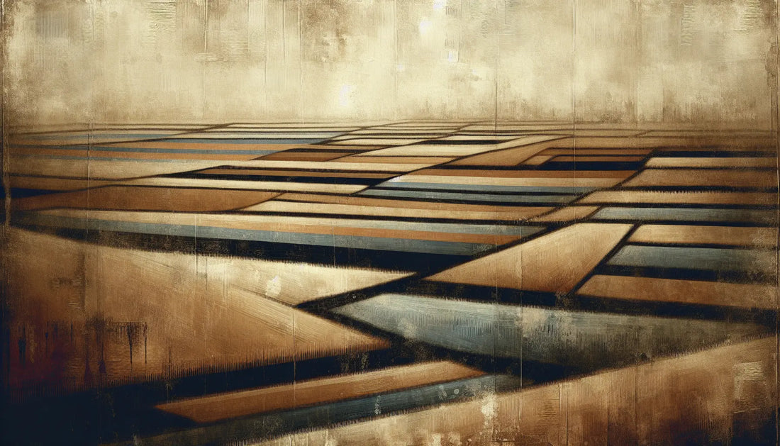 Luftiger mittelalterlicher Acker mit Streifenanbau auf hellem Leinenhintergrund