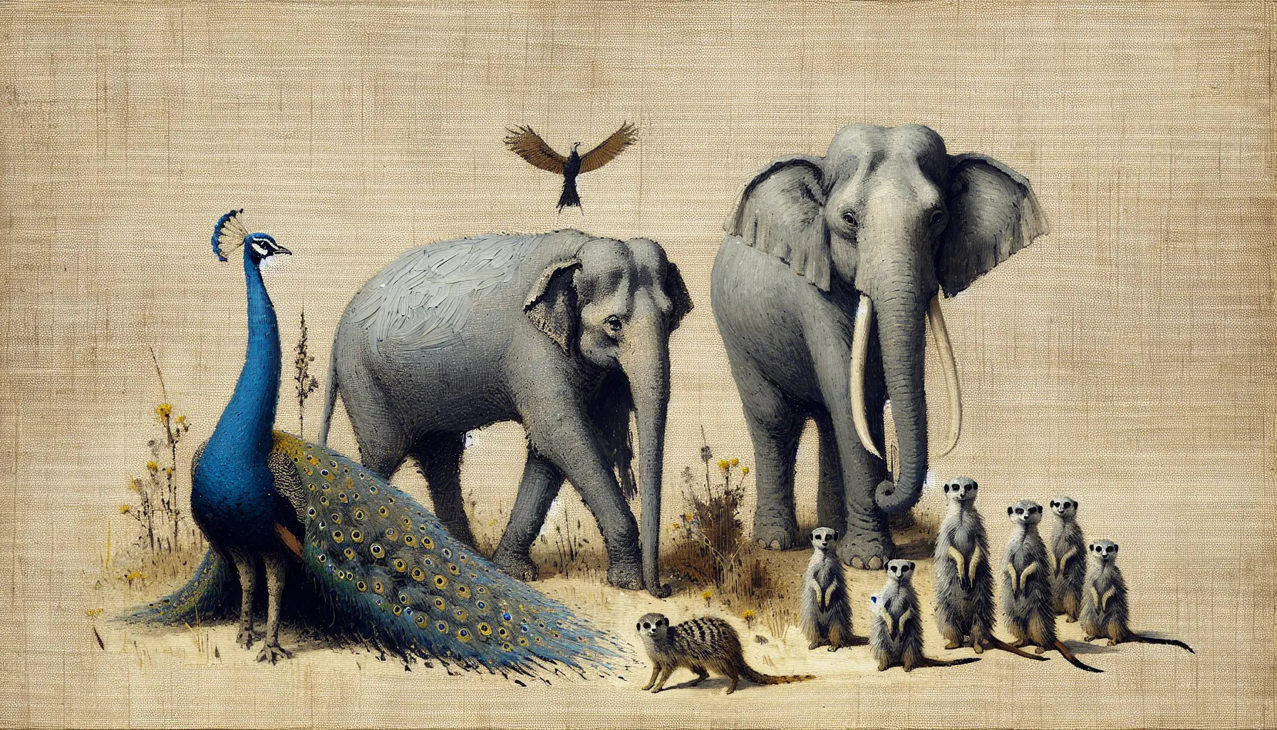 Drei mittelalterliche Tiere Pfau Elefant mit Kalb Erdmännchen grobe Ölmalerei auf hellem Leinengrund