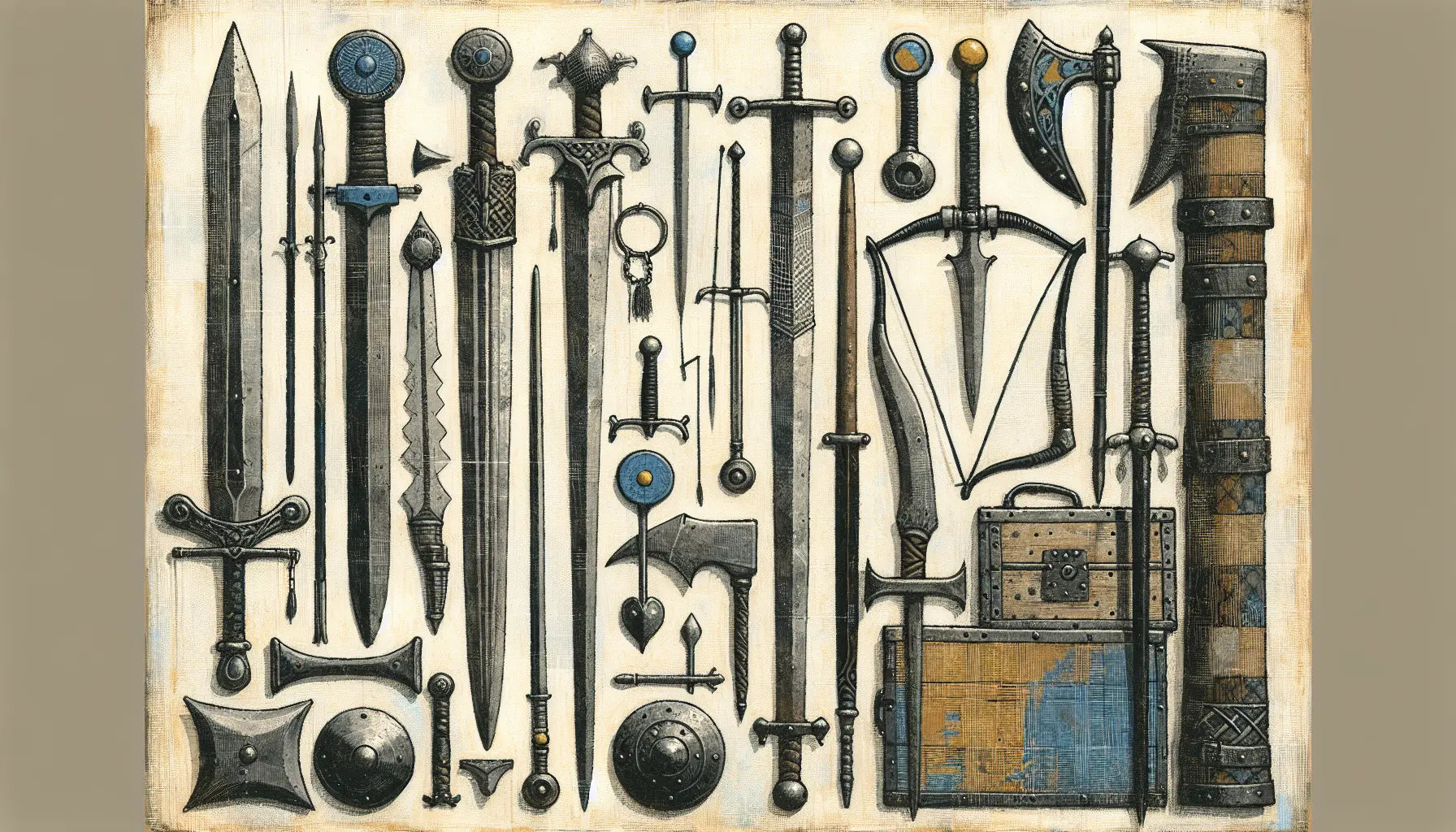 Sammlung mittelalterlicher Waffen Schwerter Bögen Streitkolben grobe Ölfarbe auf hellem Hintergrund