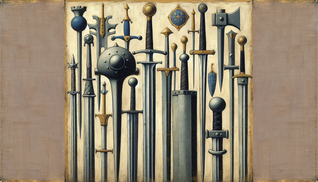 Mittelalterliche Schwerter und Streitkolben in rauer Ölmalerei auf hellem Leinenhintergrund