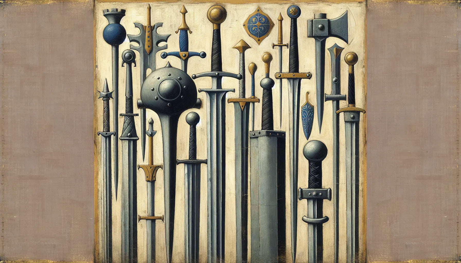 Mittelalterliche Schwerter und Streitkolben in rauer Ölmalerei auf hellem Leinenhintergrund