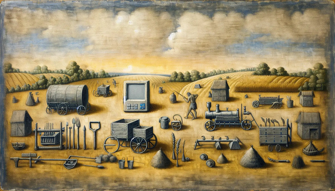 symbolische Darstellung mittelalterlicher Werkzeuge und modernes digitales Gerät in Ölmalerei ohne Menschen