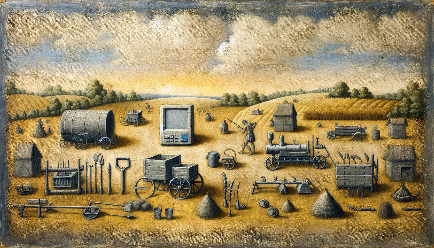 symbolische Darstellung mittelalterlicher Werkzeuge und modernes digitales Gerät in Ölmalerei ohne Menschen