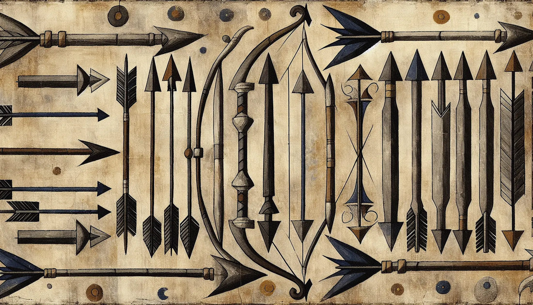 Historische Darstellung von langgezogenen Bögen und Pfeilen in rauer Ölmalerei auf hellem Grund