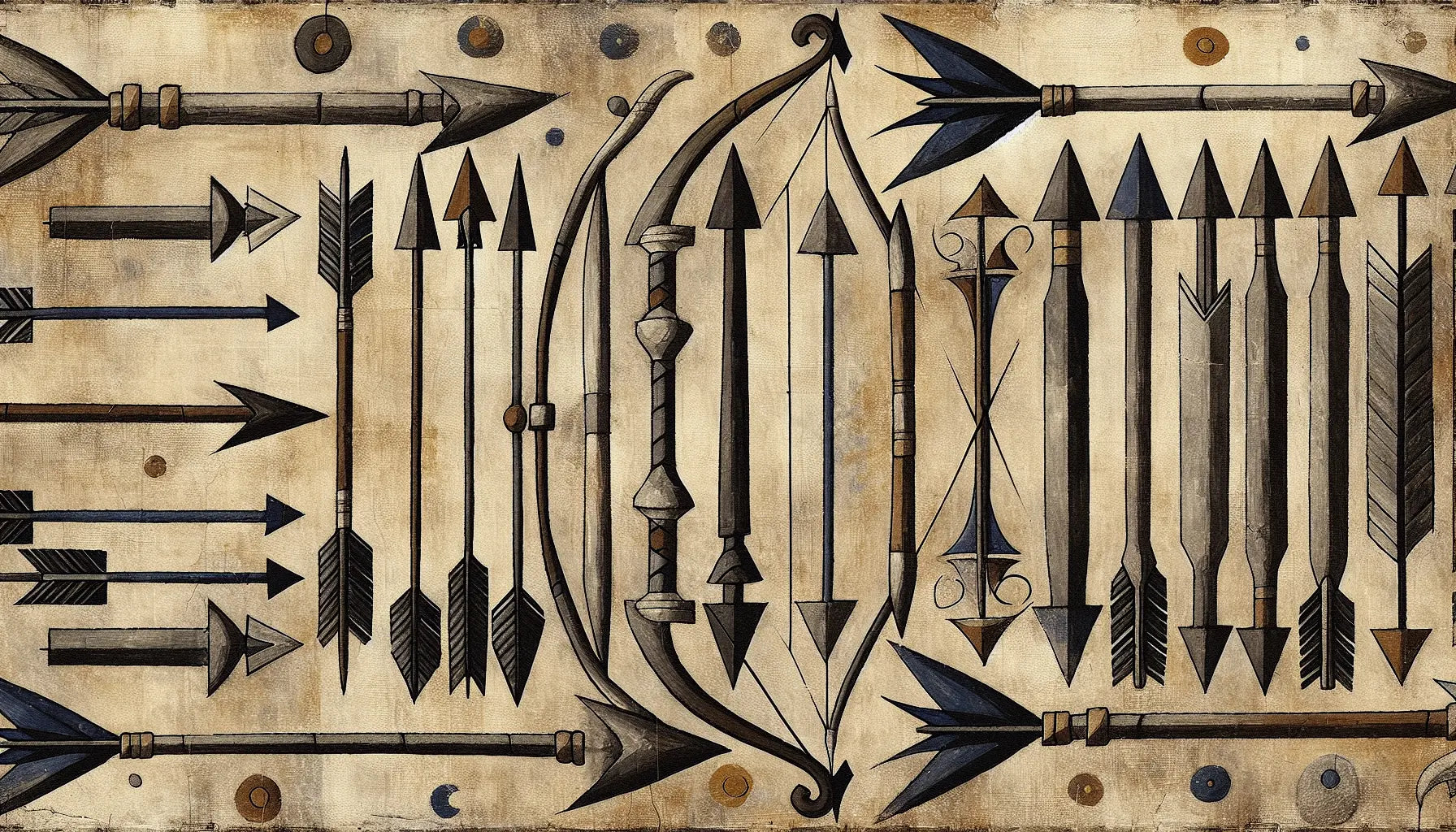 Historische Darstellung von langgezogenen Bögen und Pfeilen in rauer Ölmalerei auf hellem Grund