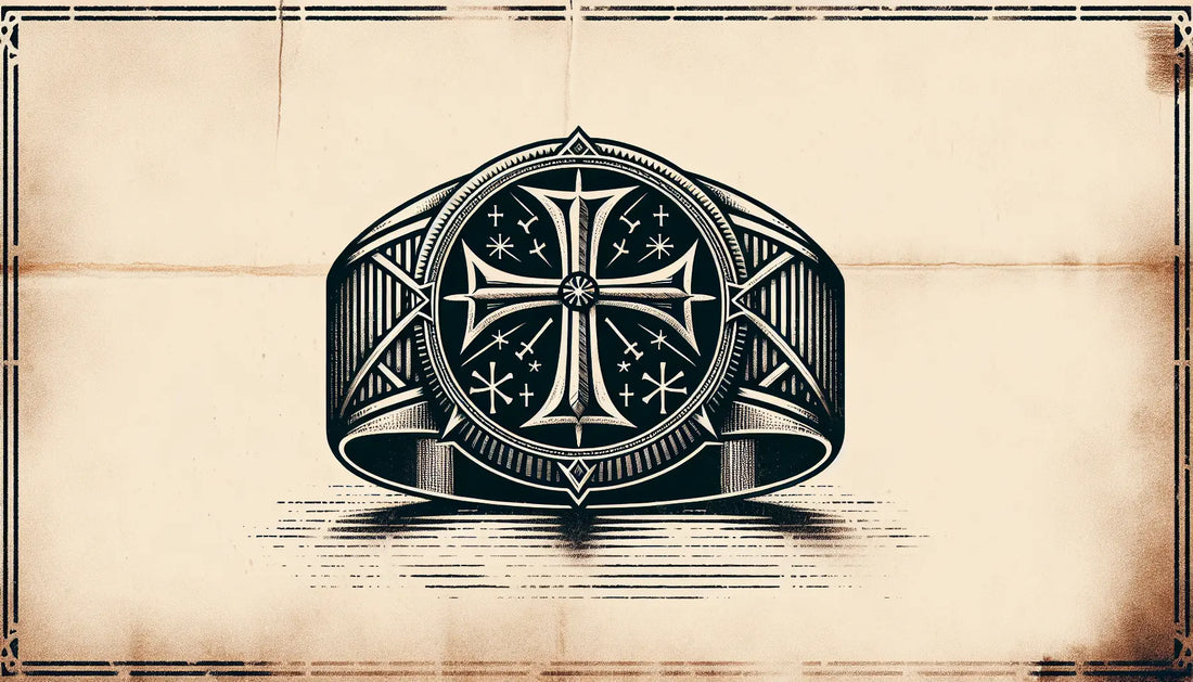 Mittelalterlicher Kreuzritter-Ring mit christlichen Symbolen als Bleistiftskizze auf gealtertem Papier mit goldener Fassung