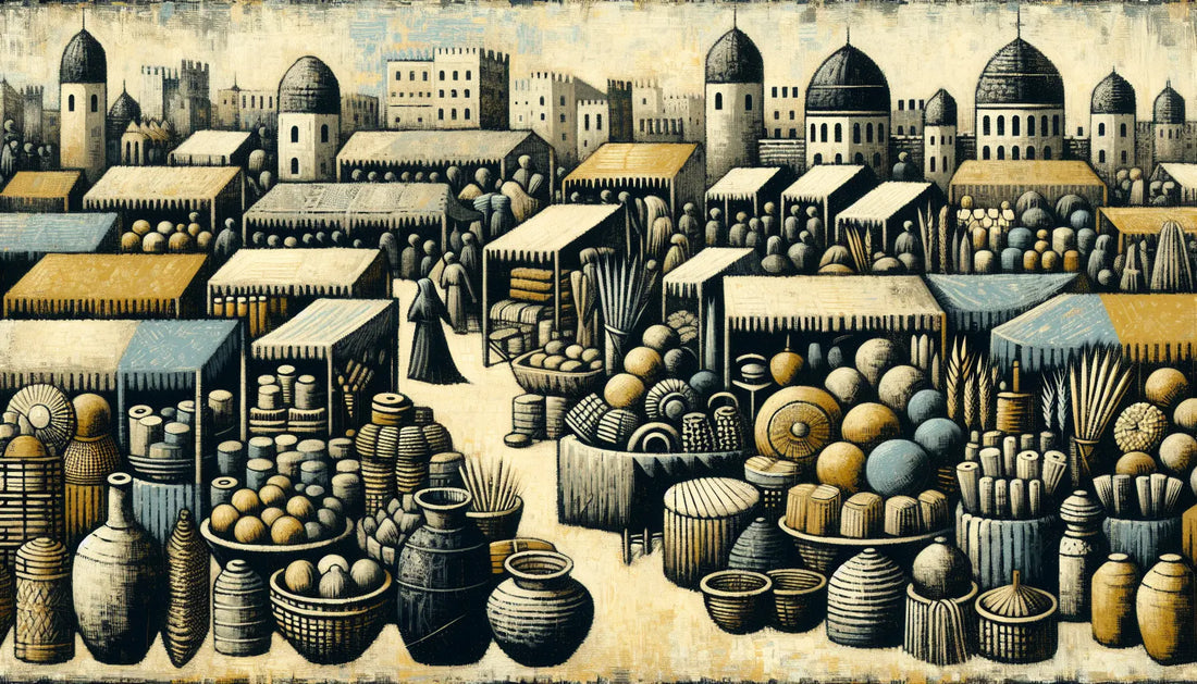 Grobe Ölmalerei eines mittelalterlichen Marktes mit Waren auf Ständen auf hellem Grund