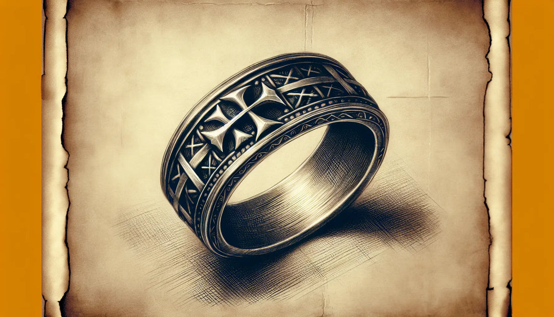 Mittelalterlicher silberner Ring mit Kreuz Pattee als Bleistiftskizze auf pergamentartigem Hintergrund
