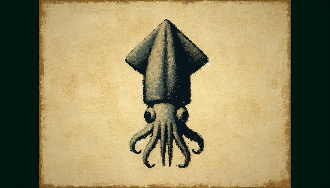 Mittelalterlich gemalter Tintenfisch in stilisierter Form mit kühlen und warmen Farbakzenten