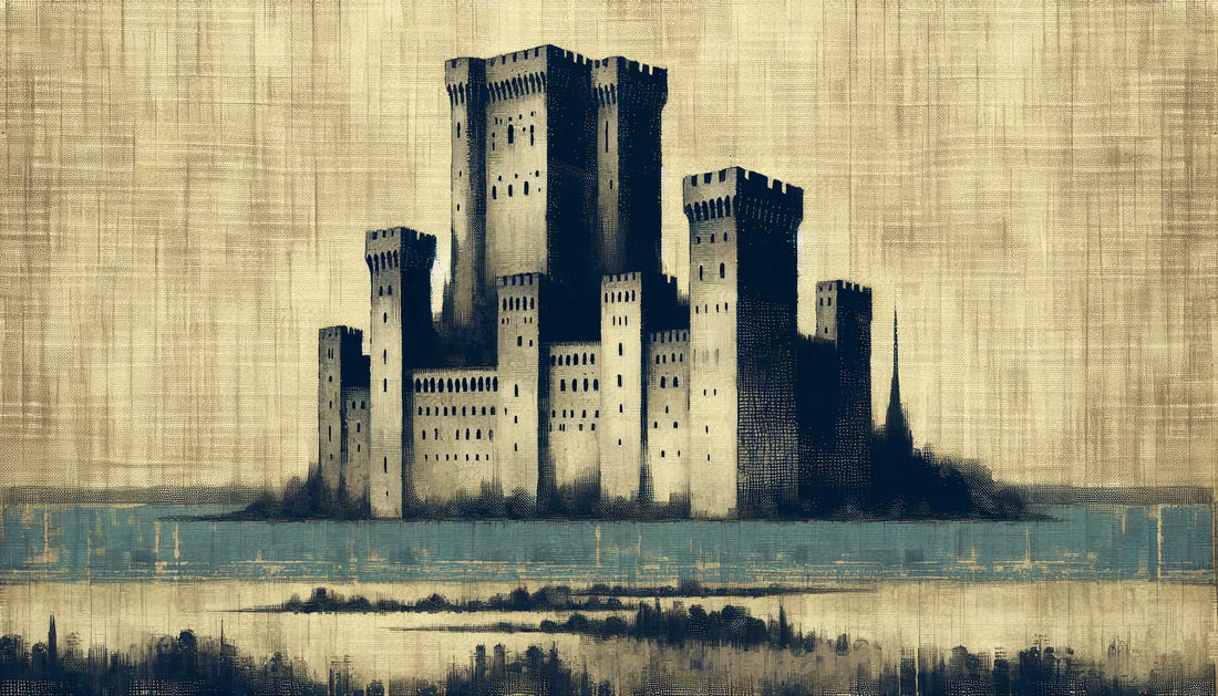 Mittelalterlicher Turm aus Stahlgrau mit blauen und gelben Akzenten auf hellem Leinengrund