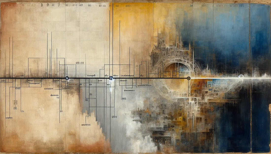 Abstrakter Zeitstrahl in Schwarz mit blau-gelben Akzenten auf warmem Leinenhintergrund