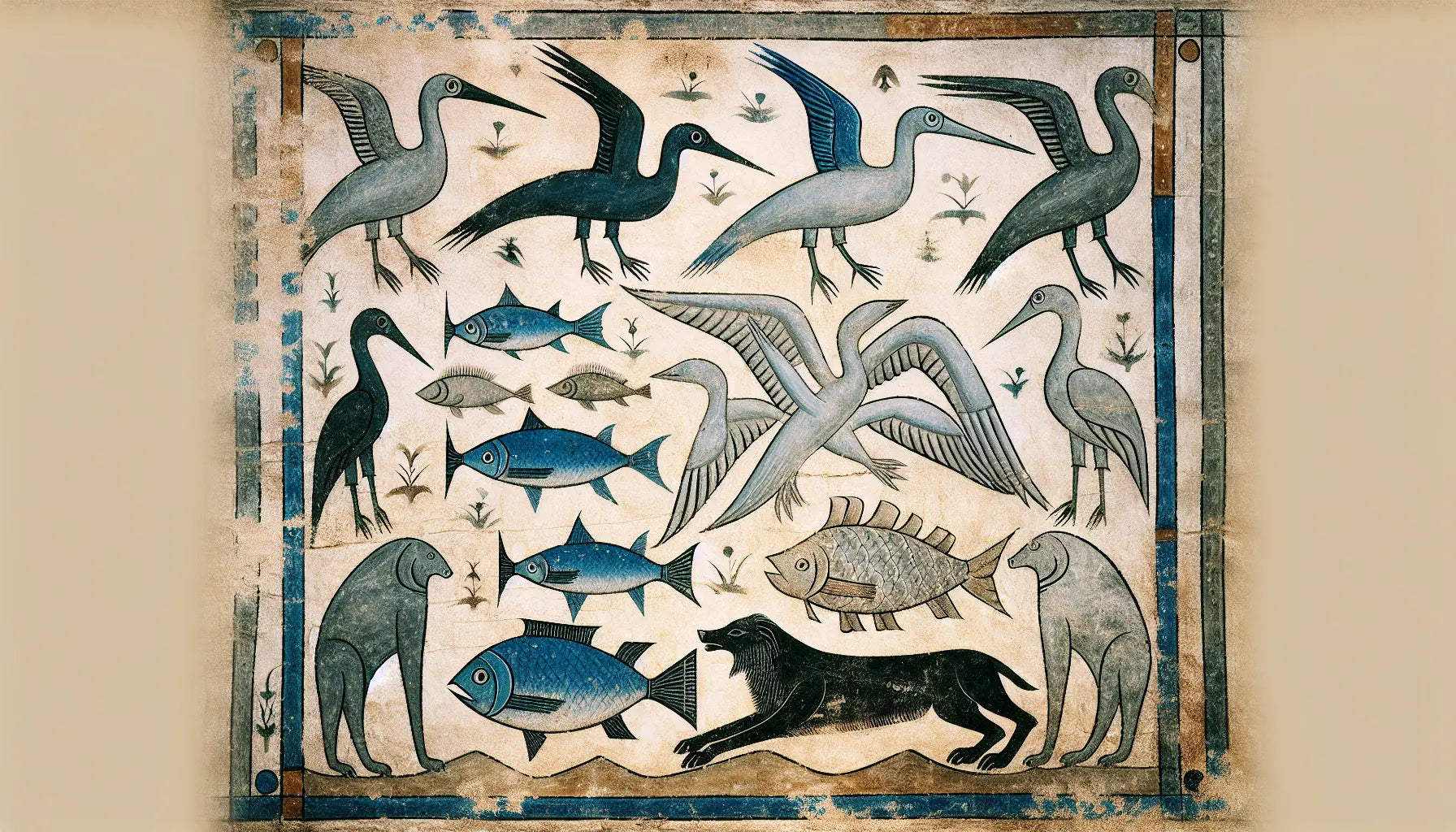 Symbolische Darstellung von Vögeln Fischen und Landtieren in kühlem Stahlgrau und Schwarz auf hellem Leinwandgrund