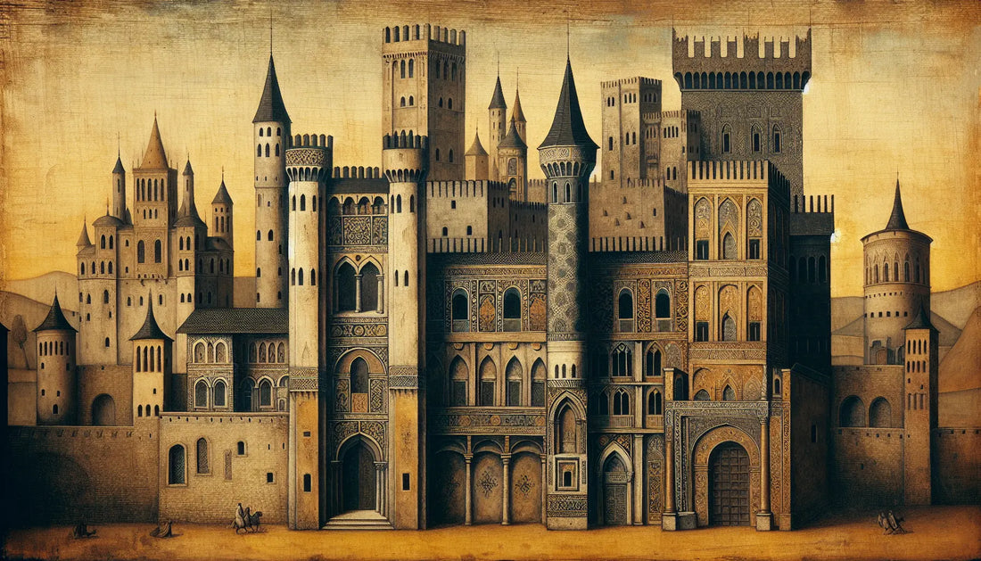 Mittelalterliches Schloss links und Renaissance-Stadt rechts in grober Ölmalerei auf hellem Leinenhintergrund ohne Menschen