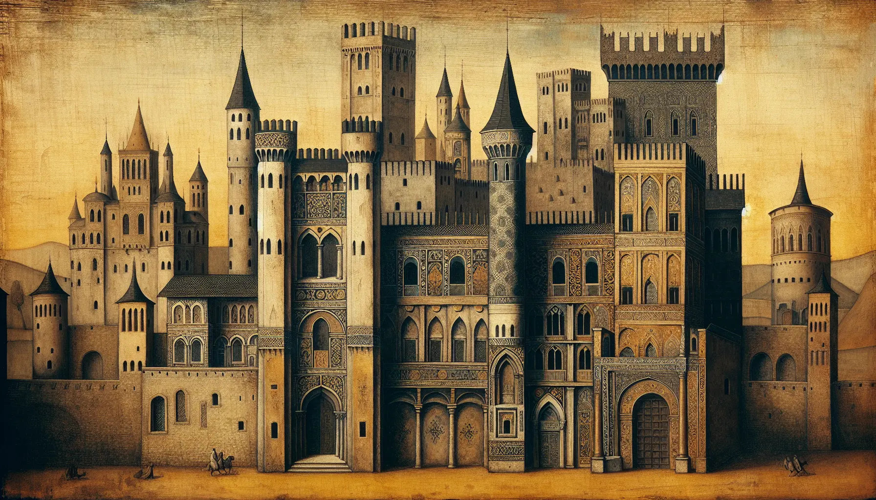 Mittelalterliches Schloss links und Renaissance-Stadt rechts in grober Ölmalerei auf hellem Leinenhintergrund ohne Menschen