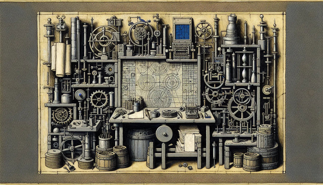 Geheimer mittelalterlicher Arbeitsbereich mit Geräten und Karten in rauer Ölmalerei