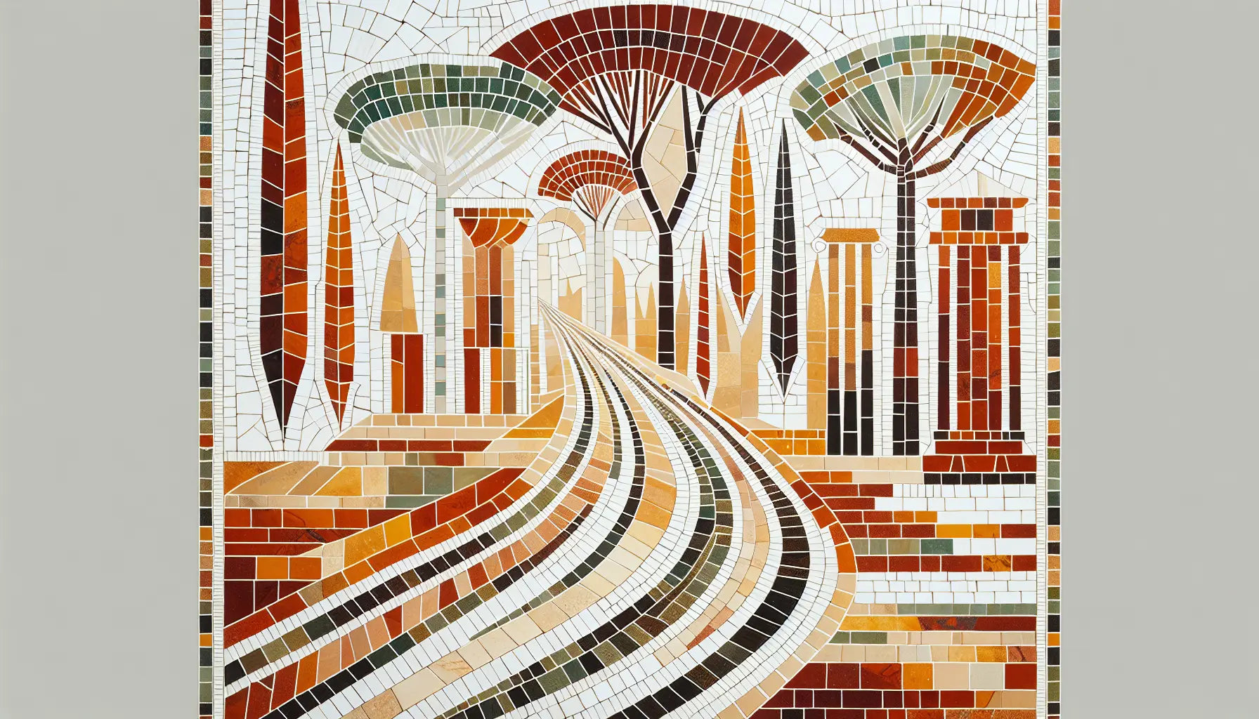 Abstrahierte römische Straße mit pinien und ruinen als mosaik in rotbraun ockergelb und gold auf hellem steinhintergrund