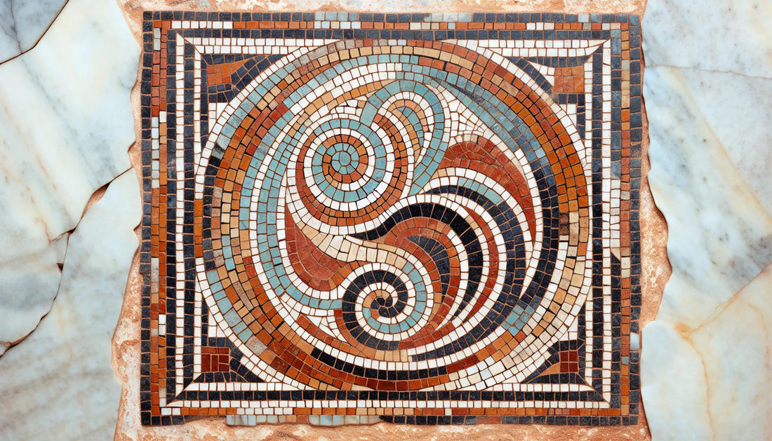 Abstrahierte römische Architektur mit eingraviertem SPQR Muster auf Marmormosaik in erdfarbenen Segmenten