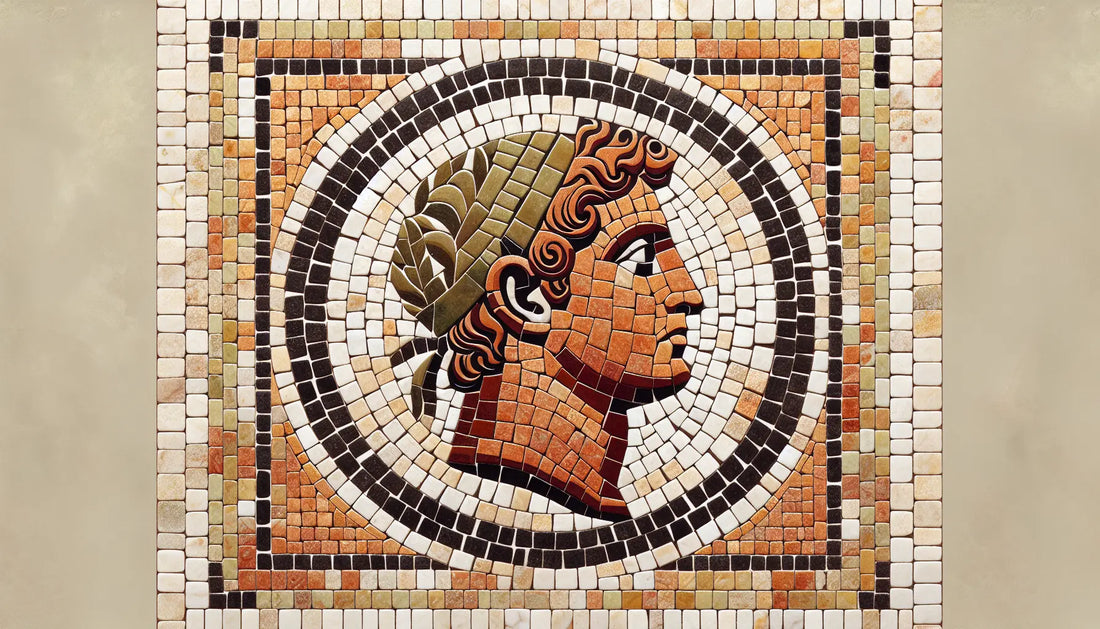 Römische Münze mit Kaiserporträt in rotbraun und gold als antikes Mosaik auf hellem steinigen Hintergrund