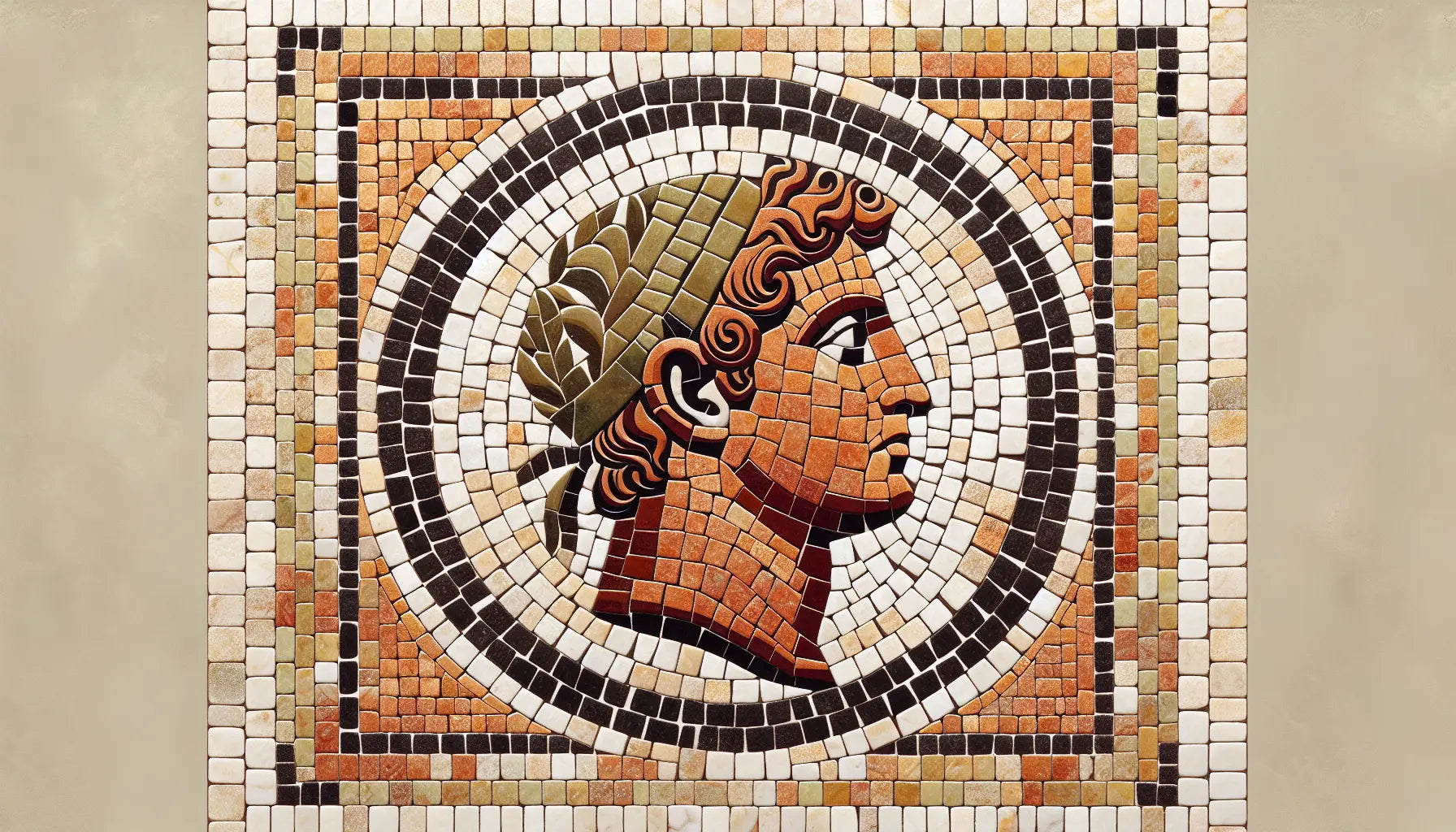 Römische Münze mit Kaiserporträt in rotbraun und gold als antikes Mosaik auf hellem steinigen Hintergrund