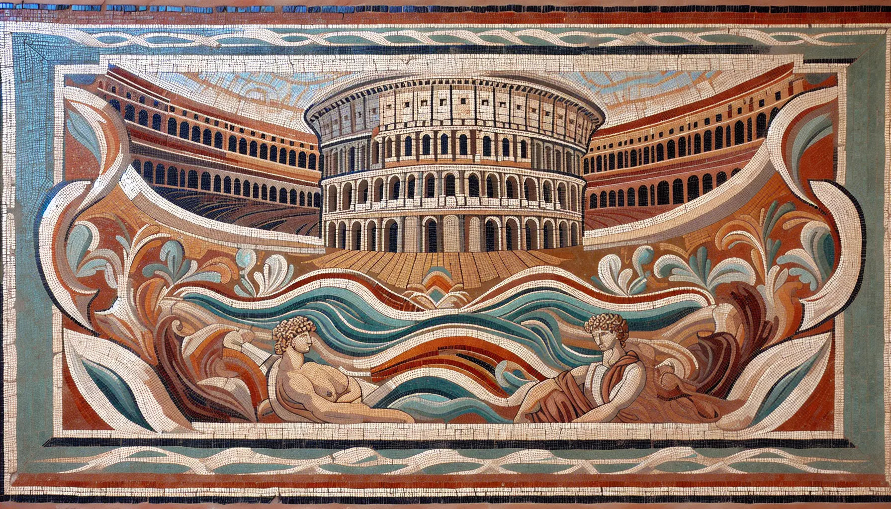 Panoramablick auf Kolosseum mit Wasserreflexen als Naumachie in antikem römischen Mosaikstil