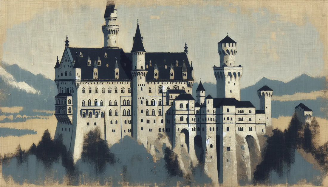 Mittelalterliche Burg Neuschwanstein in Stahlgrau mit blauem Fensterdekor auf hellem Leinenhintergrund