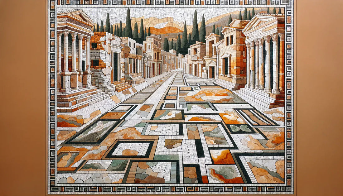 Antike römische Ruinenstadt Ostia Antica als stilisiertes Bodenmosaik mit Terracotta Weiß Rotbraun Ocker und Akzenten aus Gold