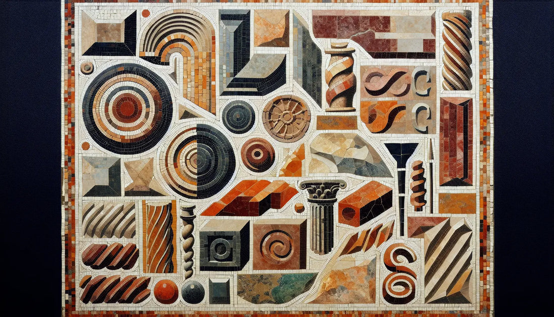 Abstrakte Darstellung von römischen Architektur Werkzeugen und Steinblöcken als Mosaik in Rotbraun Ocker und Blau