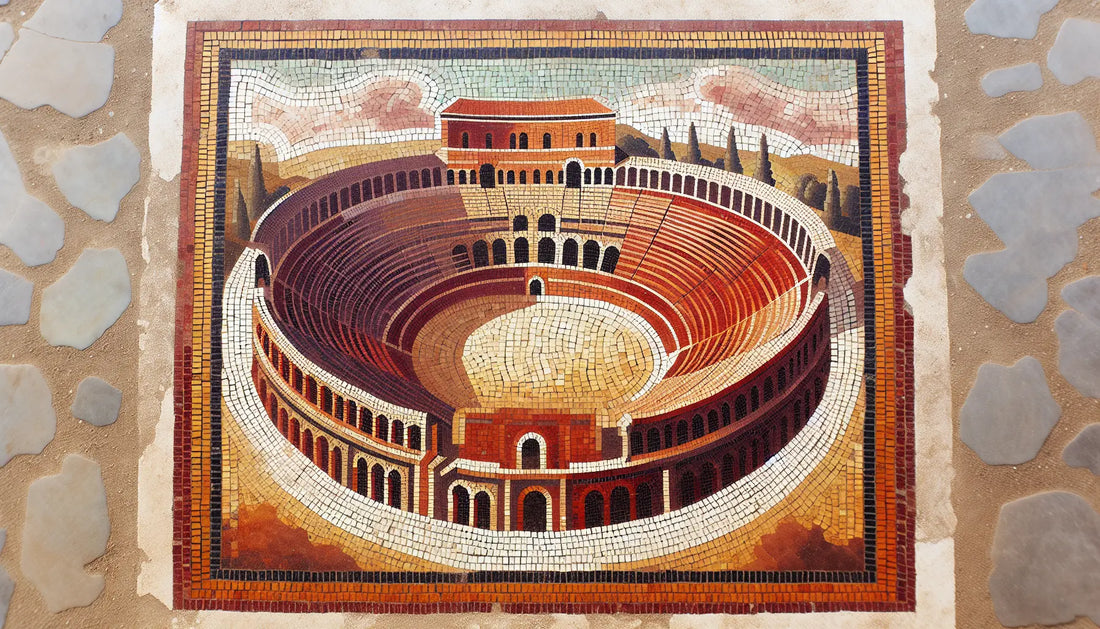 Antike römische Arena als Bodenmosaik in Rotbraun Ocker und Gold auf hellem Stein mit Patina