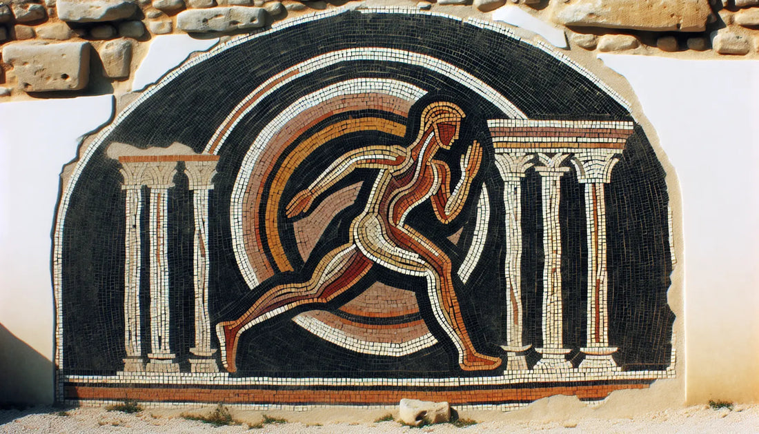 Arena Szene als römisches Mosaik mit Säulen und Athletensilhouette in Rotbraun und Gold auf hellem Stein