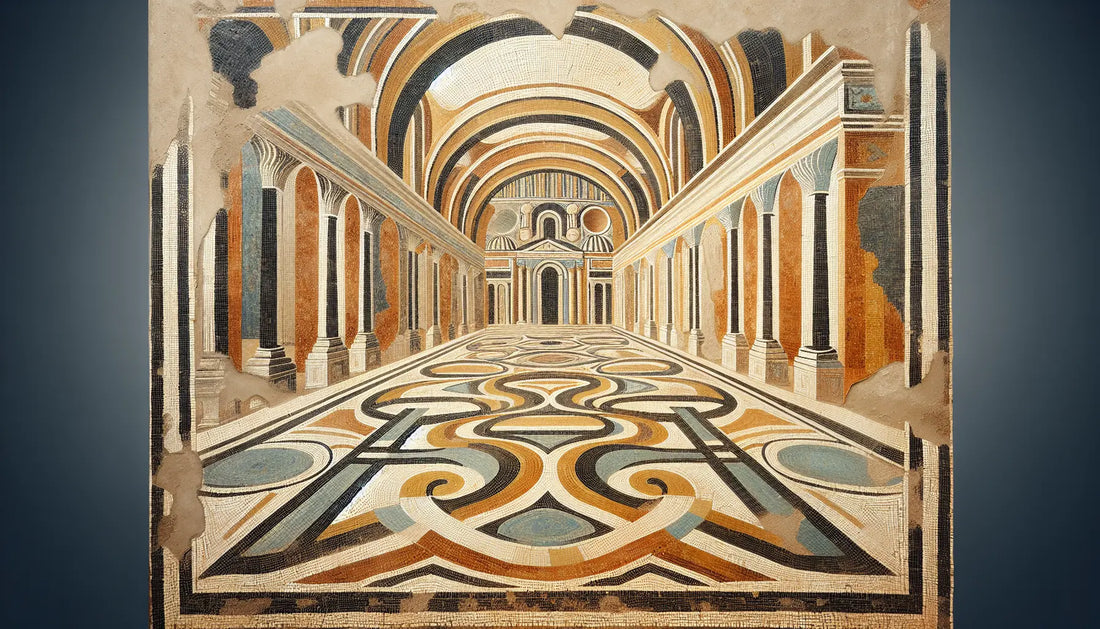 Abstrahierte Bögen von St Peter Basilica als antikes Mosaik in Rotbraun Ocker und Blau auf hellem steinigen Hintergrund