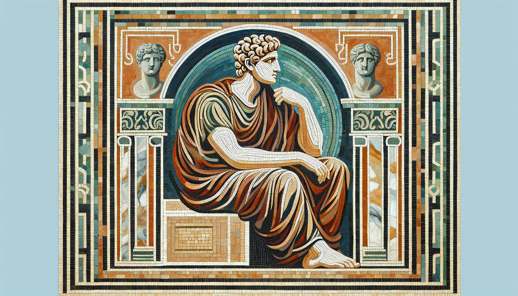 Abstrahierte römische Führerstatuen als Mosaik in Rotbraun Ocker und Blau vor antiker Architektur