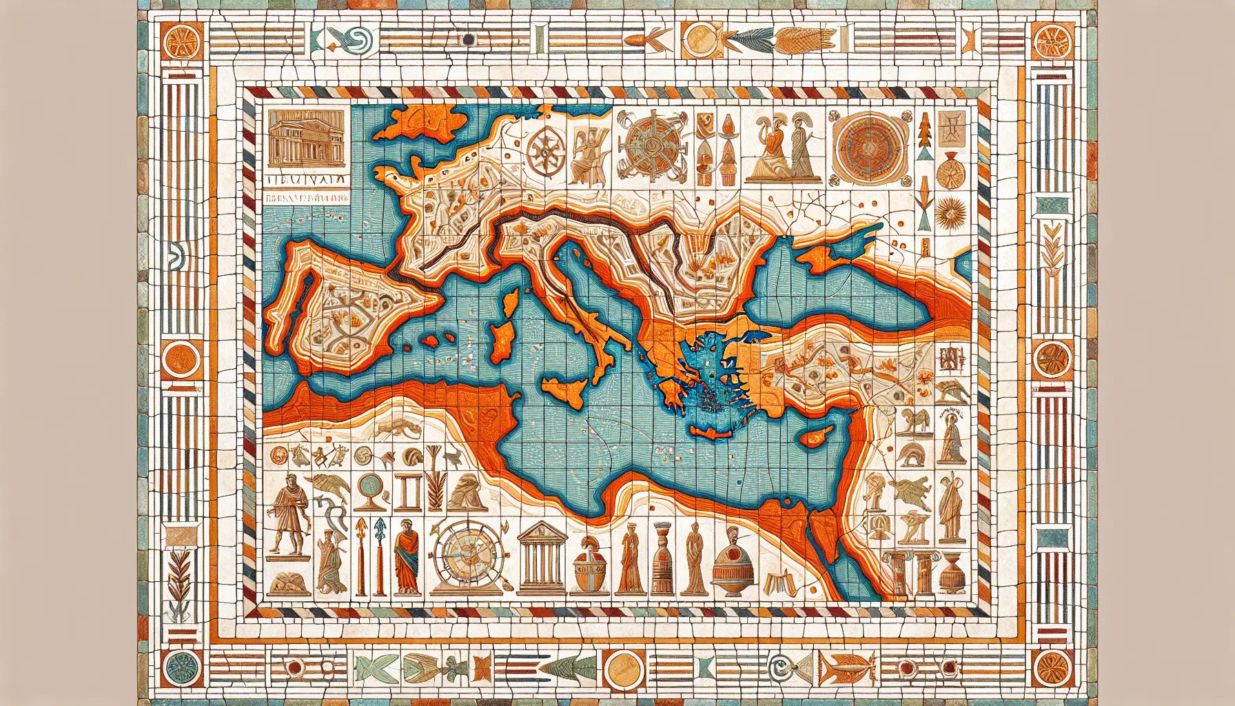 Historische römische Landkarte mit Rhein als Grenze und symbolen für Handel Militär und Alltag in mosaik aus erdigen Farben