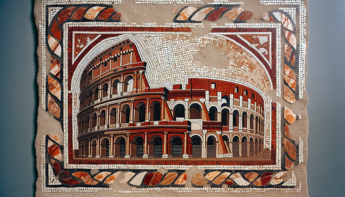 Römische Kolosseumfassade als ornamental flächiges Mosaik in Rotbraun Ocker und Schwarz auf hellem Stein