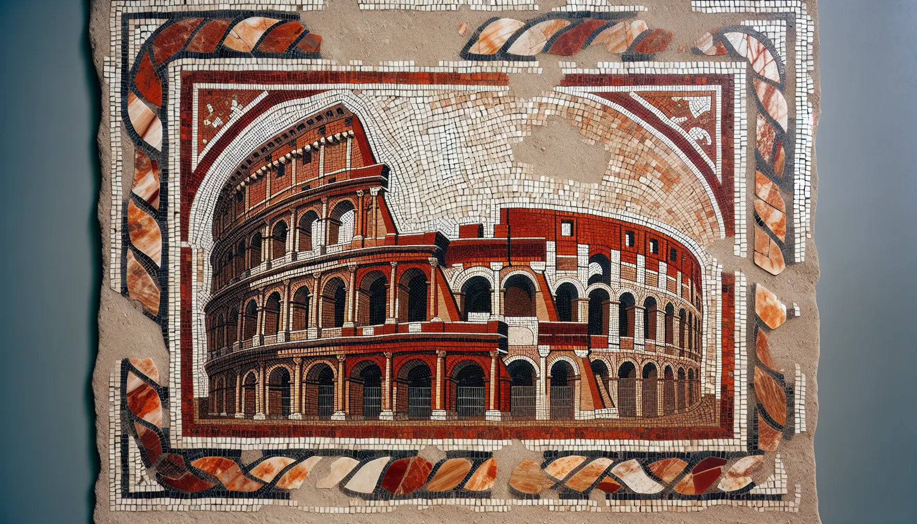 Römische Kolosseumfassade als ornamental flächiges Mosaik in Rotbraun Ocker und Schwarz auf hellem Stein