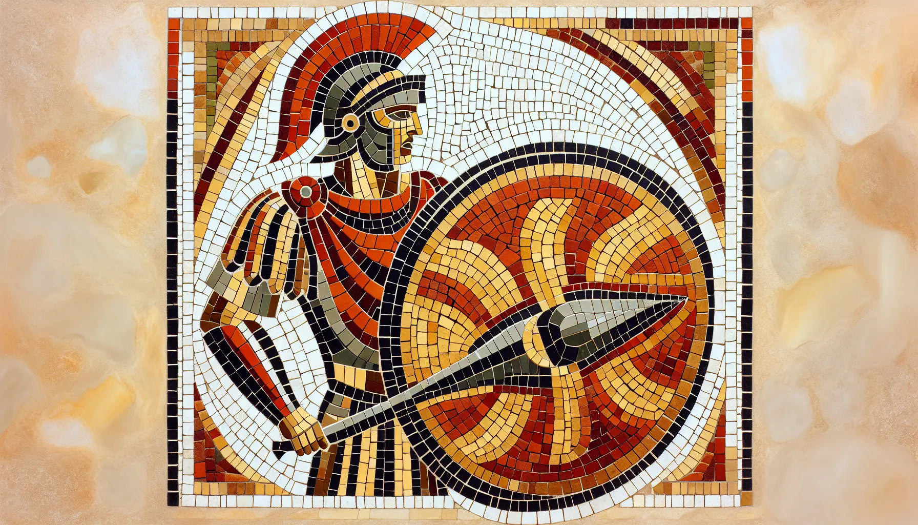 Stilisierte römische Statue eines Legionärs mit Schild in Testudo als Mosaik in Erdfarben auf hellem Stein