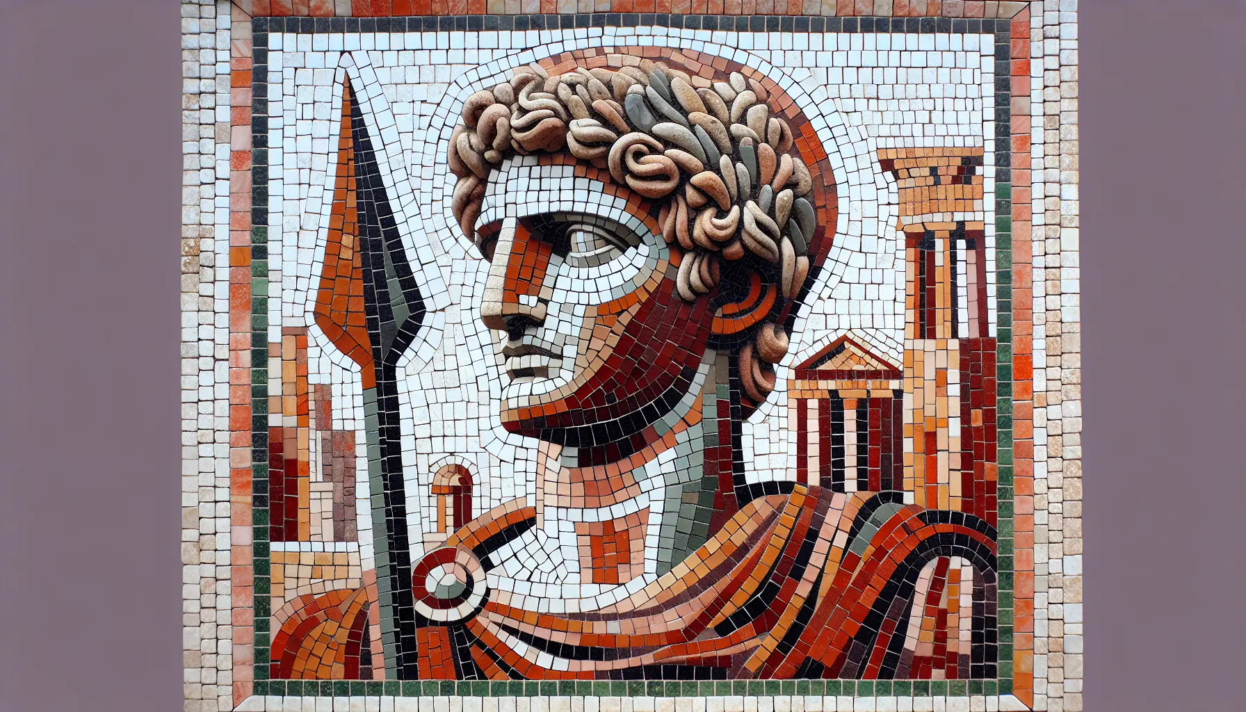 Stilisierte römische Legionärsstatue mit Pilum aus rotbraunen und goldenen Mosaiksegmenten auf hellem steinigen Hintergrund mit angedeuteten Ruinen