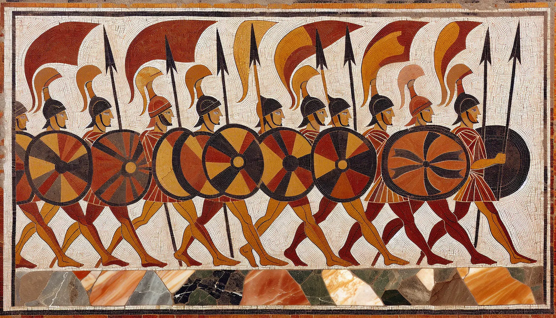 Abstrahierte römische Legionen in Rotbraun Ocker und Gold auf mediterraner mosaikstruktur in Terracotta Weiß