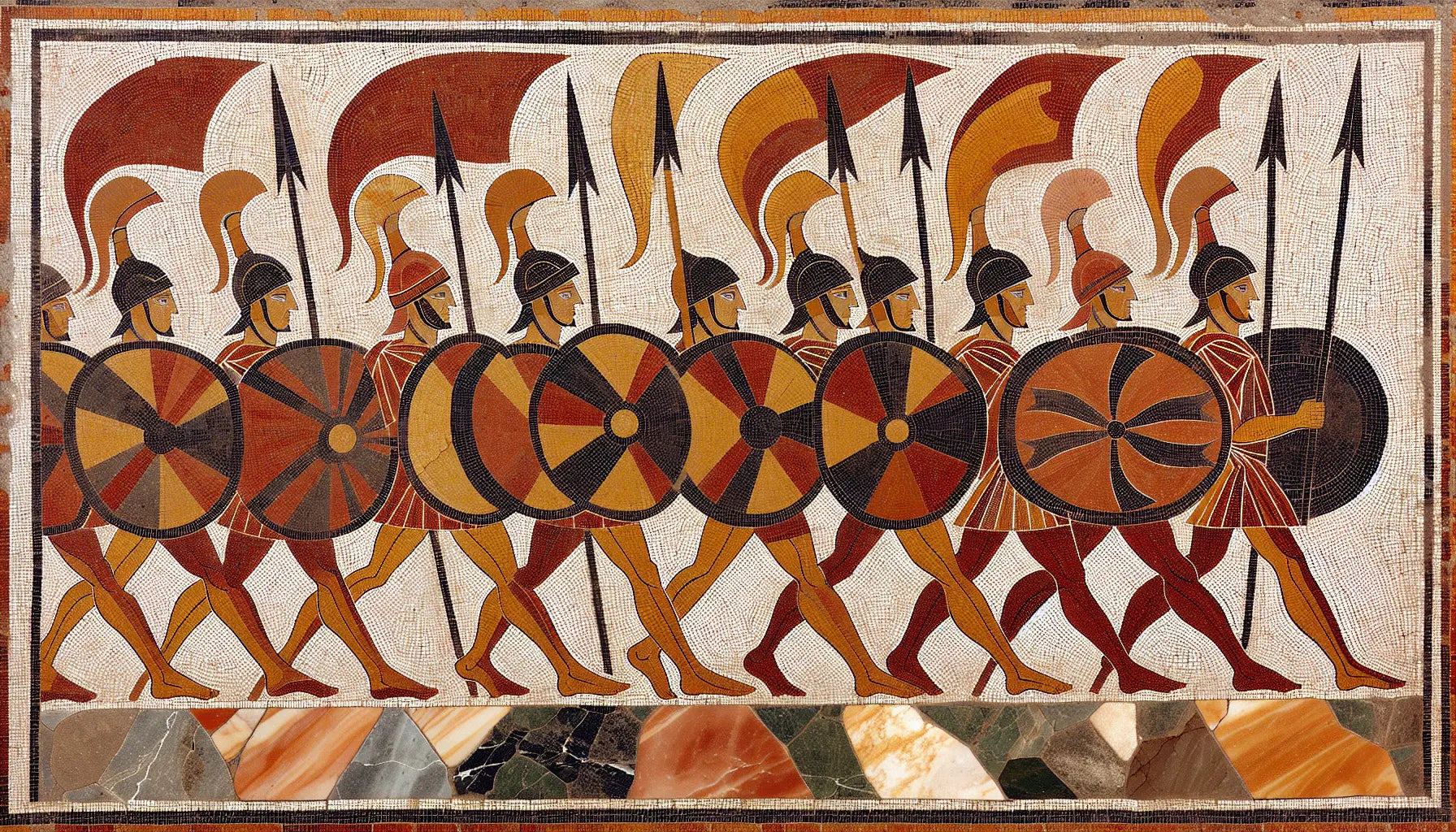 Abstrahierte römische Legionen in Rotbraun Ocker und Gold auf mediterraner mosaikstruktur in Terracotta Weiß