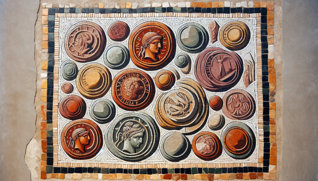 Abstrahierte römische Münzen Denarius und Aureus in Rotbraun Ocker und Blau als Bodenmosaik auf gealtertem hellen Stein