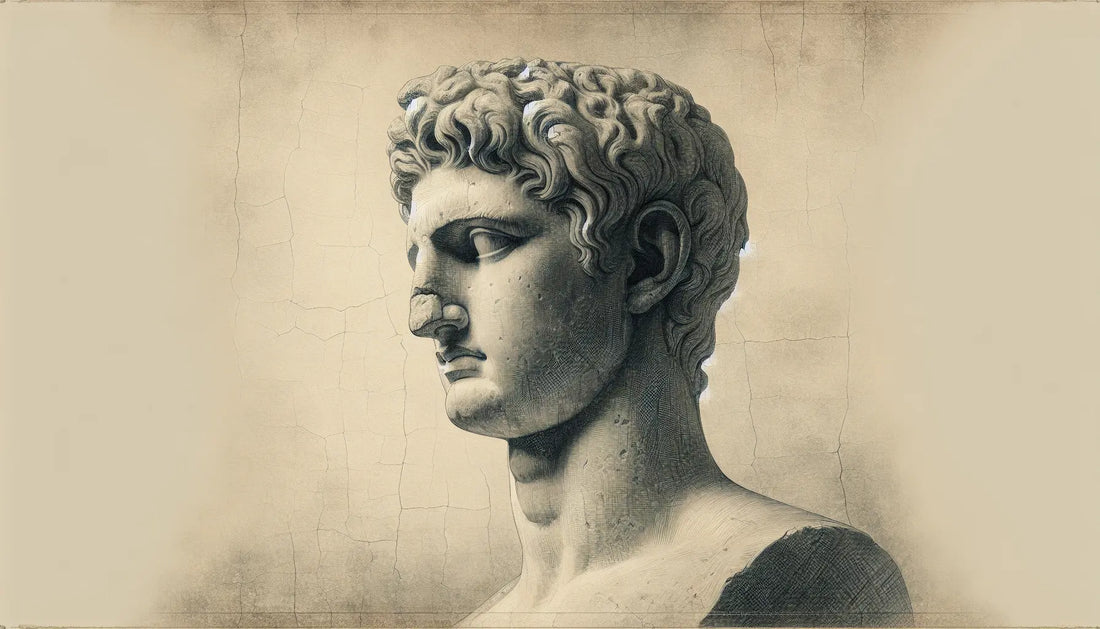 Römische Statue mit individuellen Gesichtszügen als Bleistiftskizze auf altweißem Hintergrund