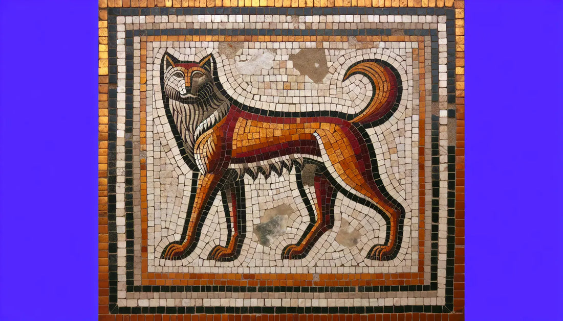 Authentische kapitolinische Wölfin als römisches Mosaik in rotbraun ocker und gold auf hellem Stein