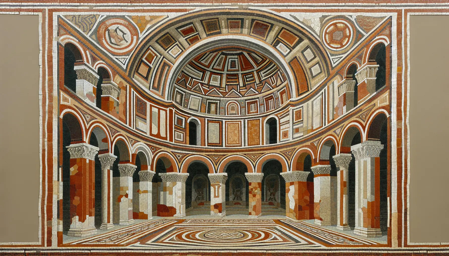 Abstrahierter römischer Basilikainnenraum als Mosaik mit rotbraunen ocker goldenen segmenten auf gealtertem Stein