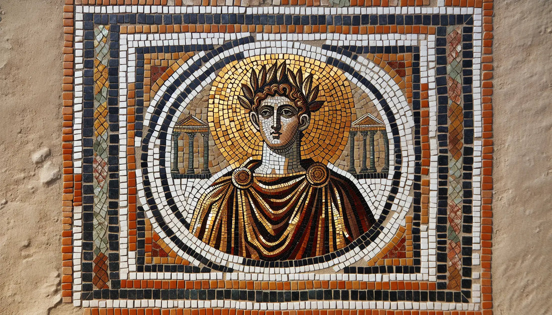 Stilisierter römischer Kaiser in ornamentaler Gewandung als Mosaik mit römischer Architektur im Hintergrund
